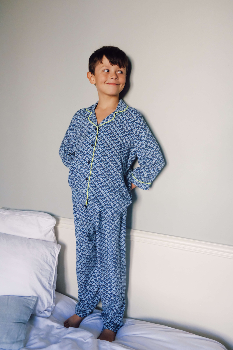 Little boy wearing the Blue Kyoto pyjama